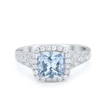 Cushion Art Deco Wedding Ring Simulated Aquamarine CZ 925 Sterling Silver